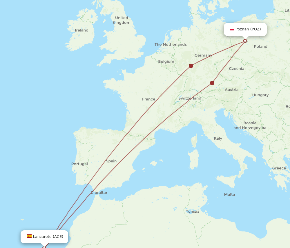 ACE to POZ flights and routes map