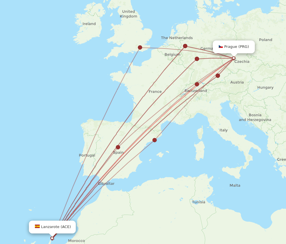 ACE to PRG flights and routes map
