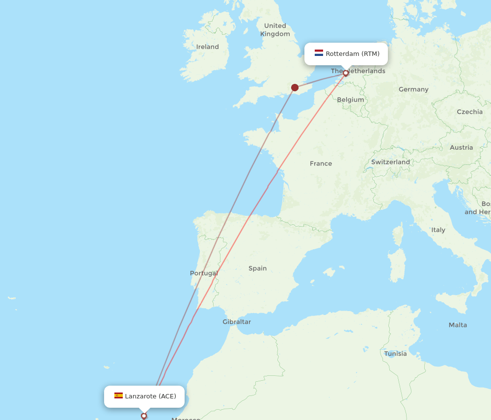 Lanzarote - Rotterdam route map and flight paths