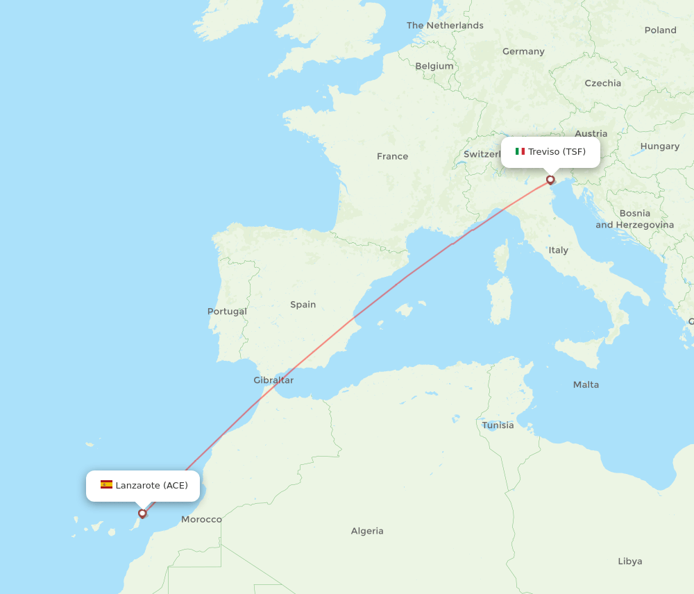 Lanzarote - Venice route map and flight paths