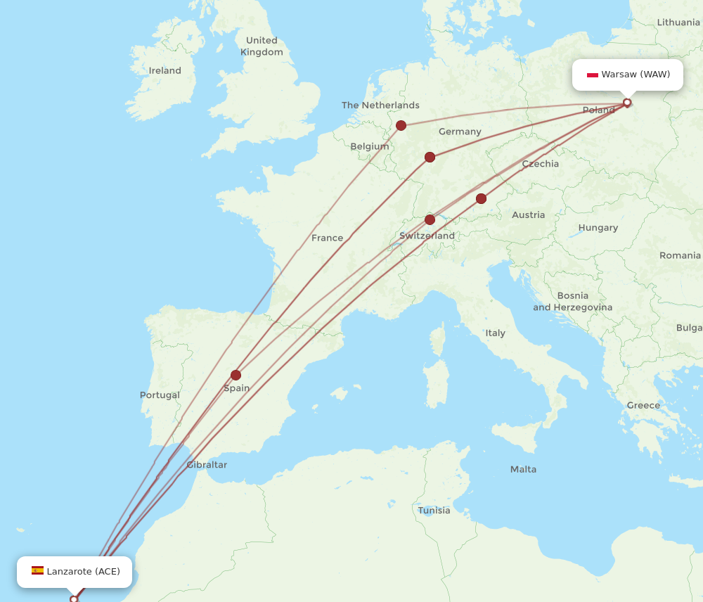 ACE to WAW flights and routes map