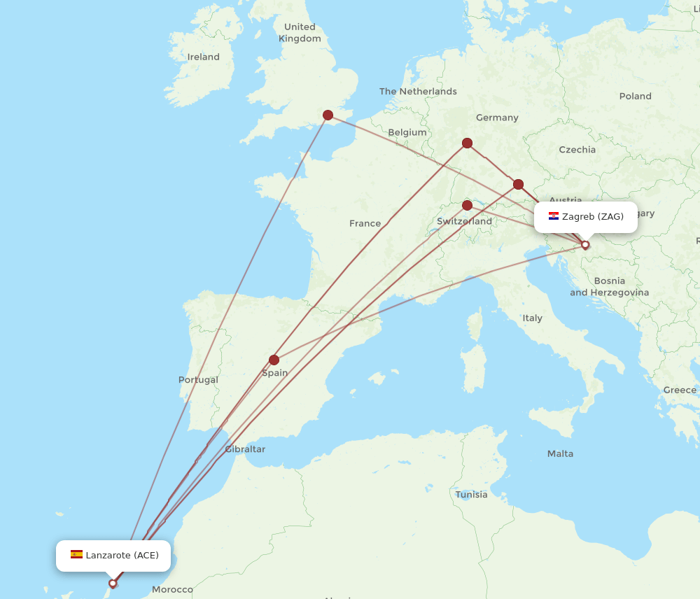 Zagreb - Lanzarote route map and flight paths