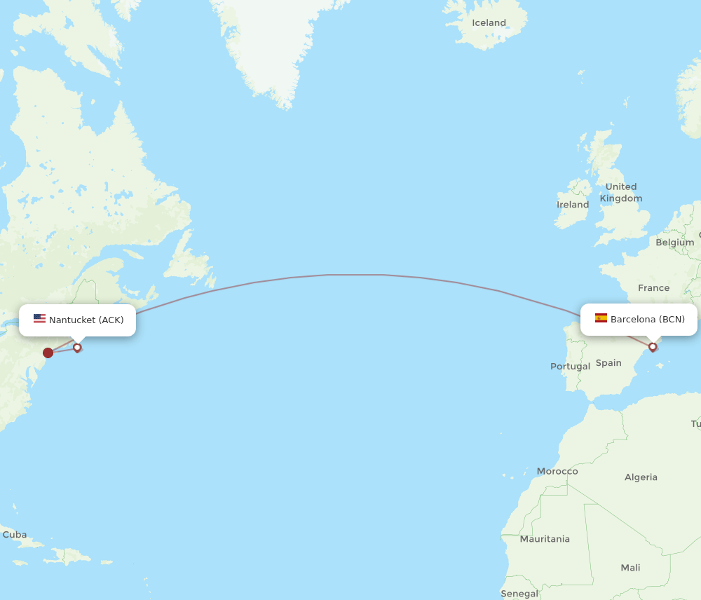 Barcelona - Nantucket route map and flight paths