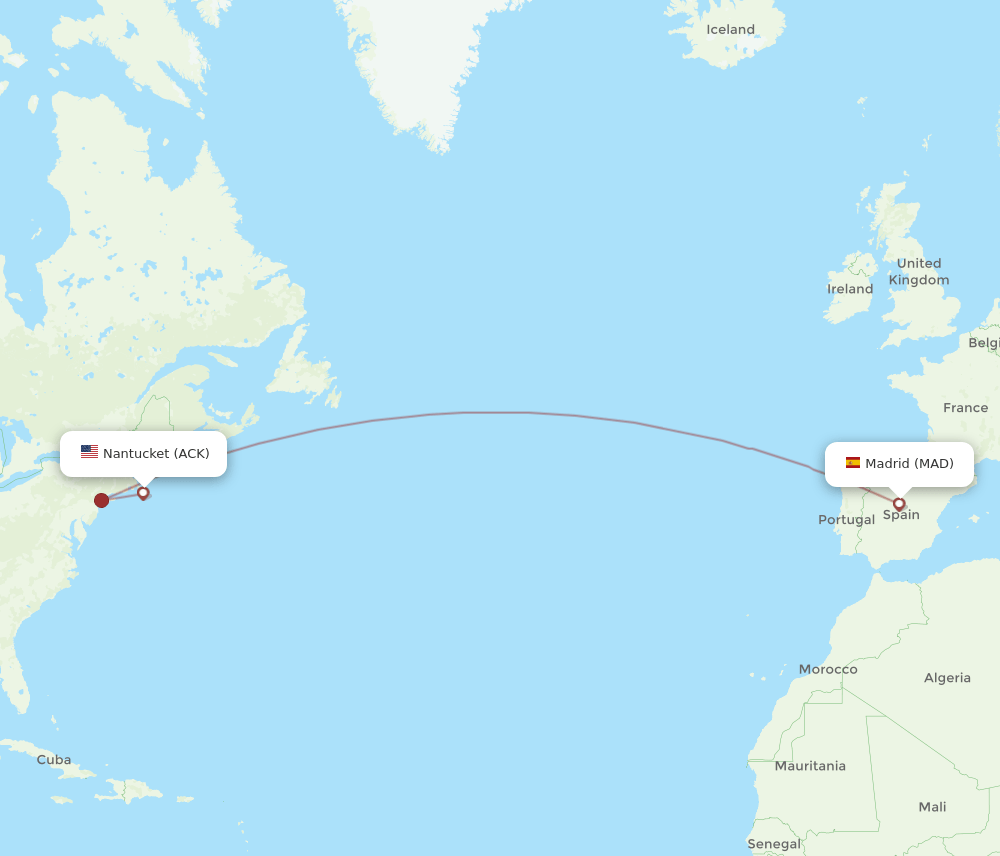 Madrid - Nantucket route map and flight paths
