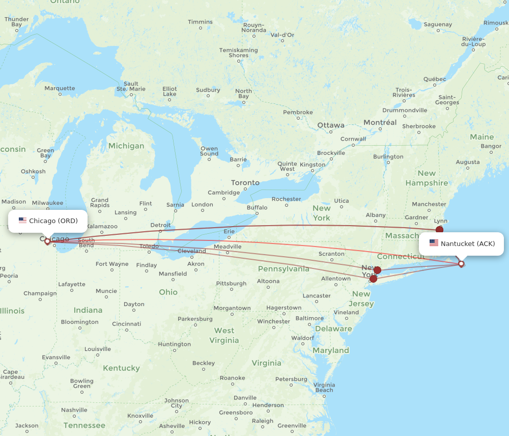 ACK to ORD flights and routes map