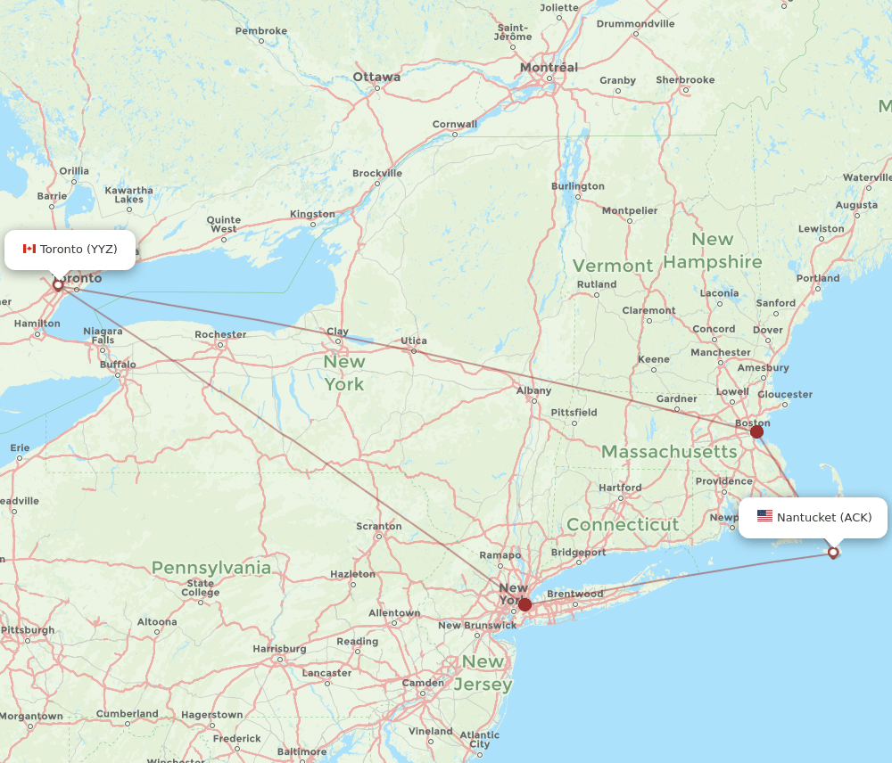 Toronto - Nantucket route map and flight paths