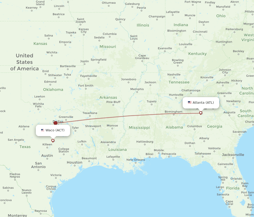 ACT to ATL flights and routes map