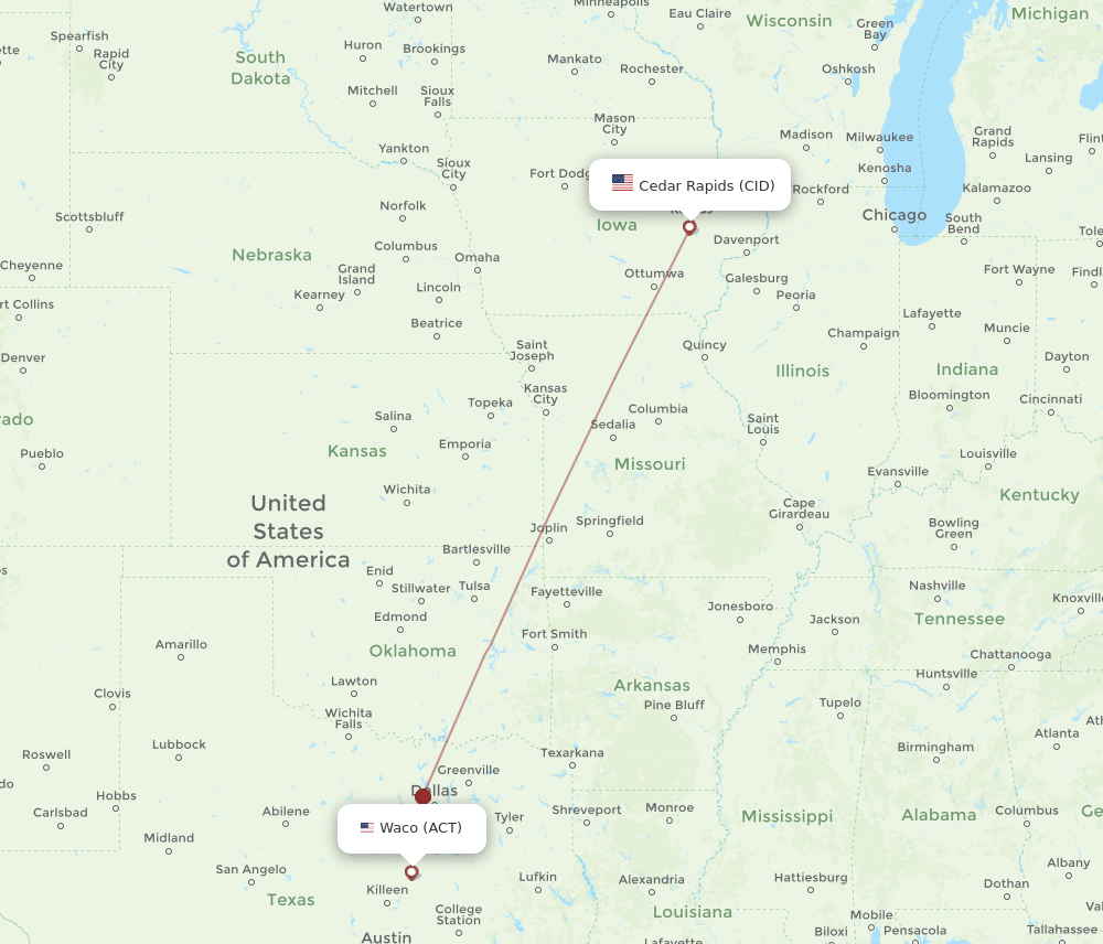 ACT to CID flights and routes map