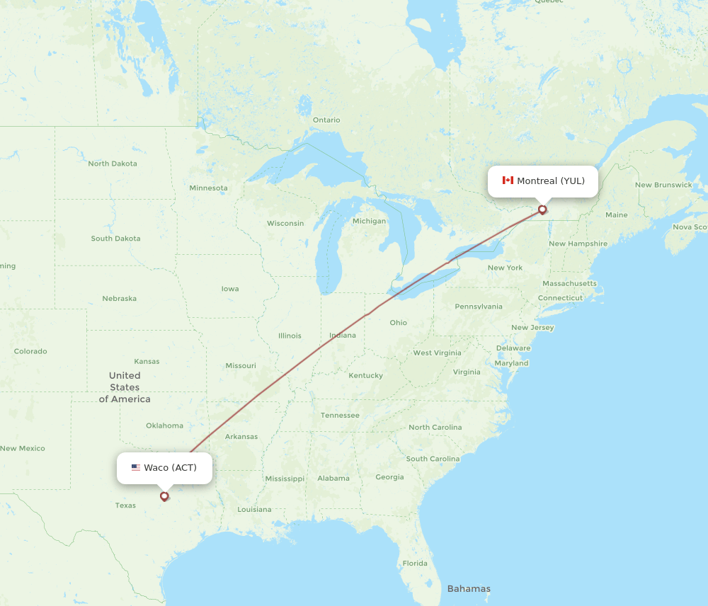 ACT to YUL flights and routes map