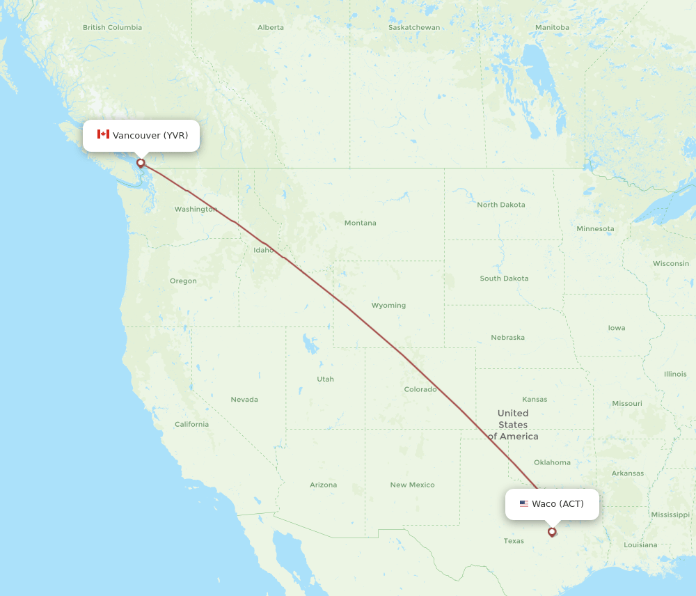 ACT to YVR flights and routes map