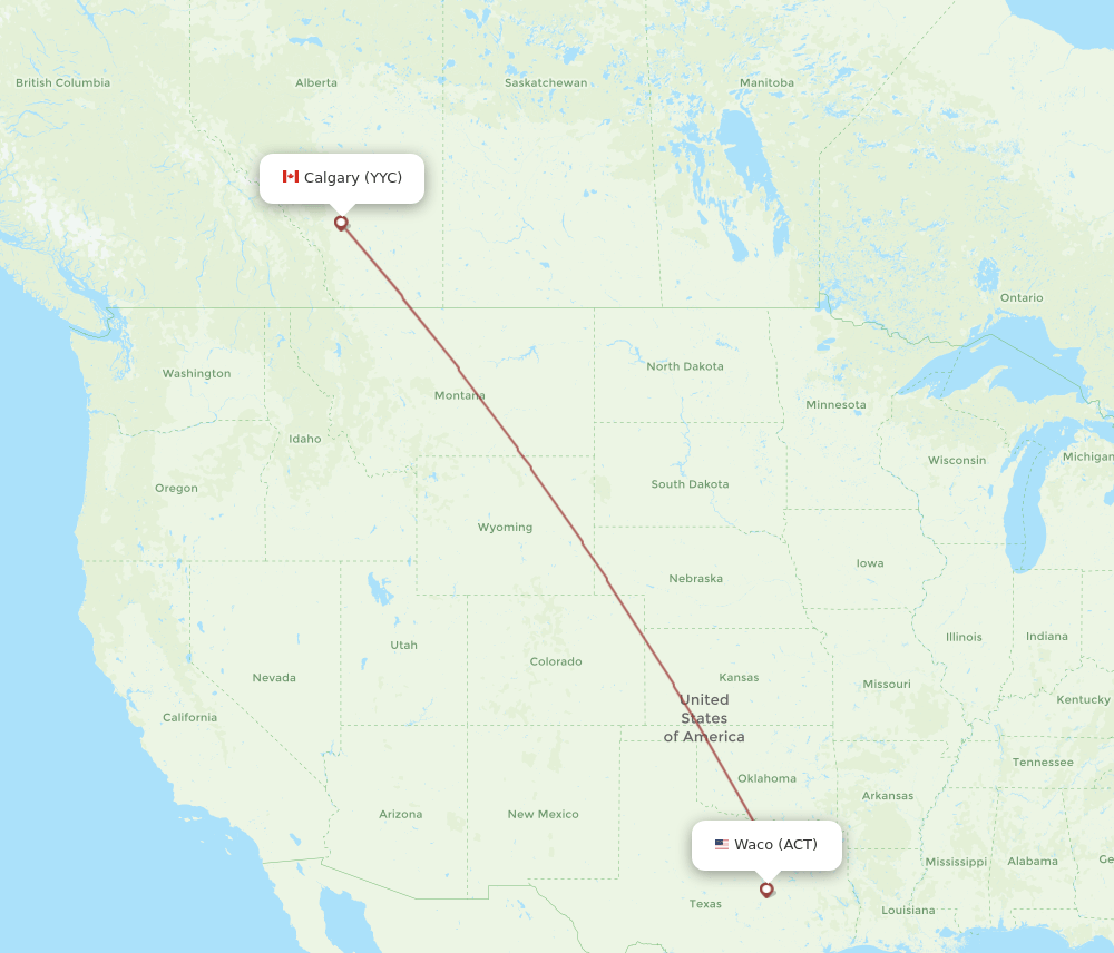 ACT to YYC flights and routes map