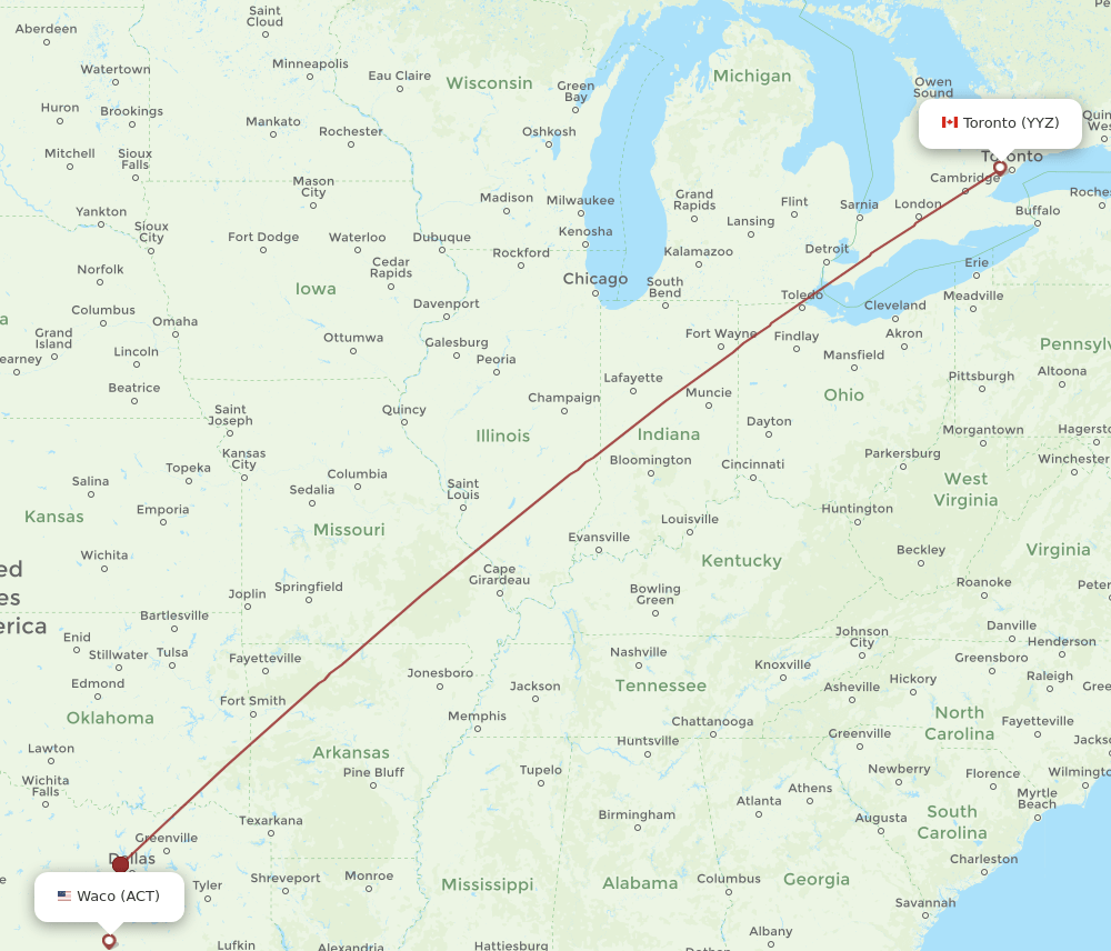 ACT to YYZ flights and routes map