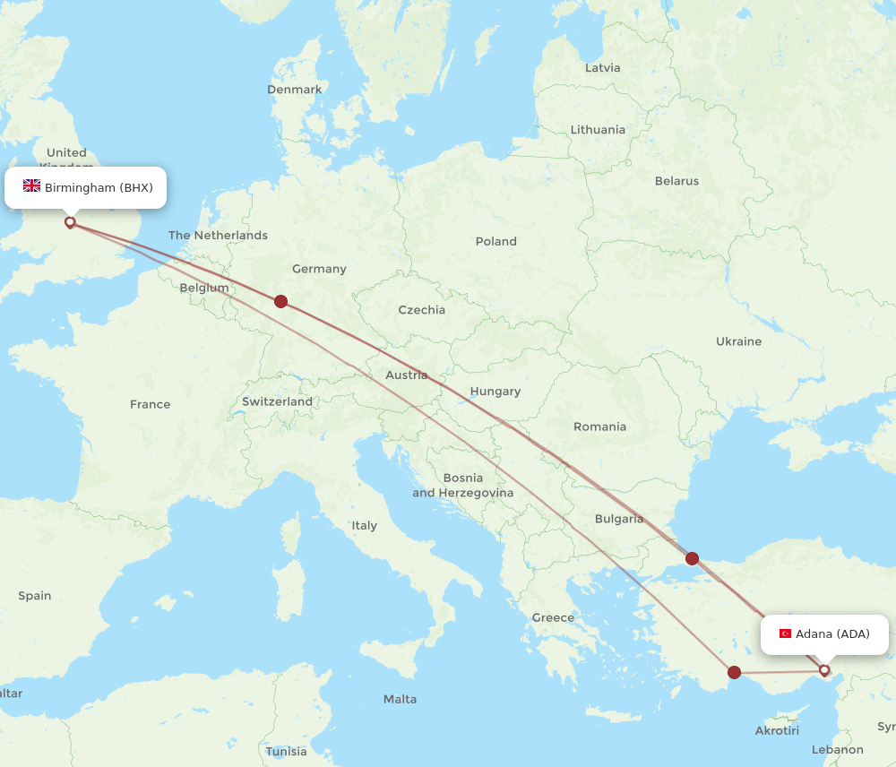 ADA to BHX flights and routes map