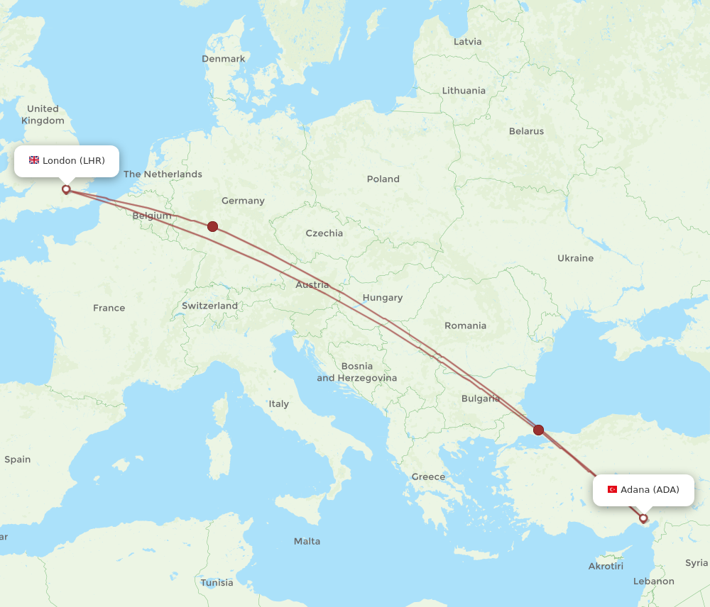 ADA to LHR flights and routes map