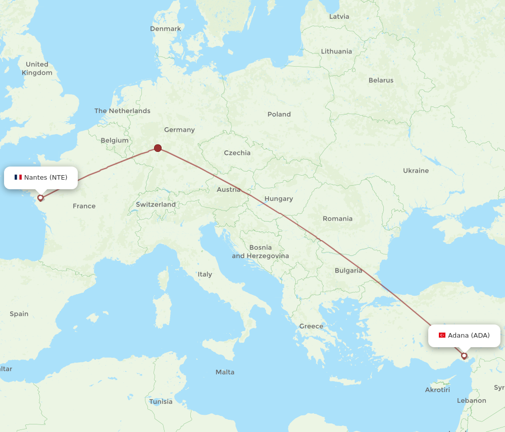 ADA to NTE flights and routes map