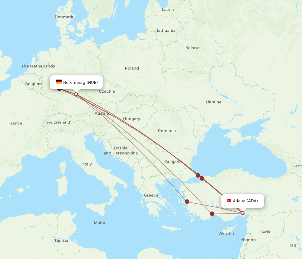 ADA to NUE flights and routes map
