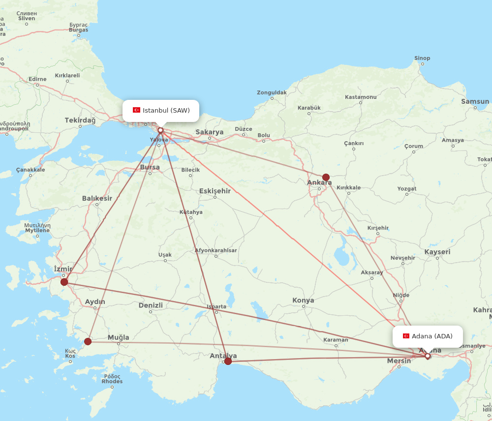 ADA to SAW flights and routes map