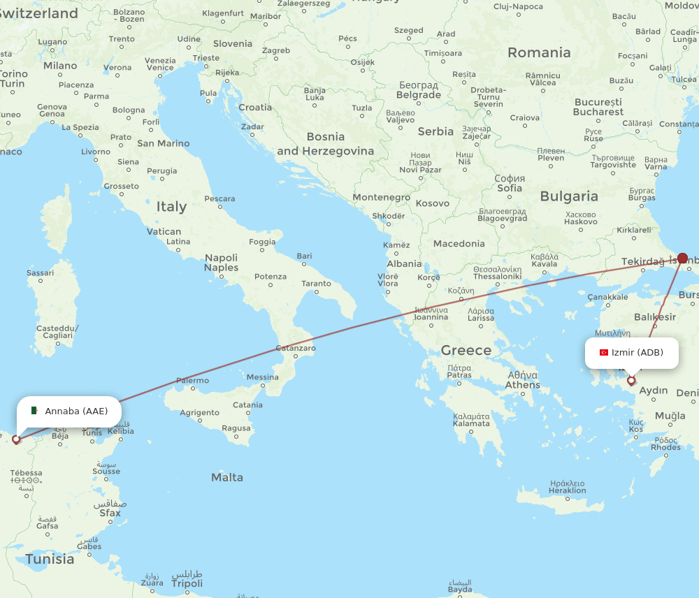 Annaba - Izmir route map and flight paths