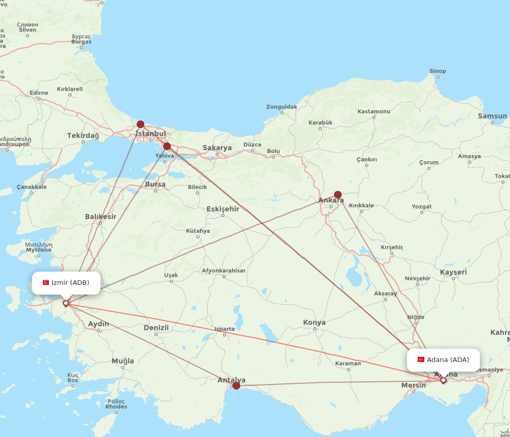 Izmir - Adana route map and flight paths