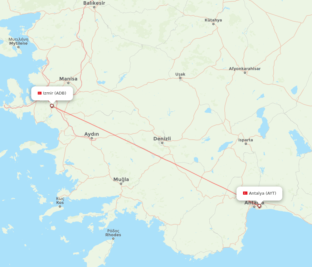 Izmir - Antalya route map and flight paths