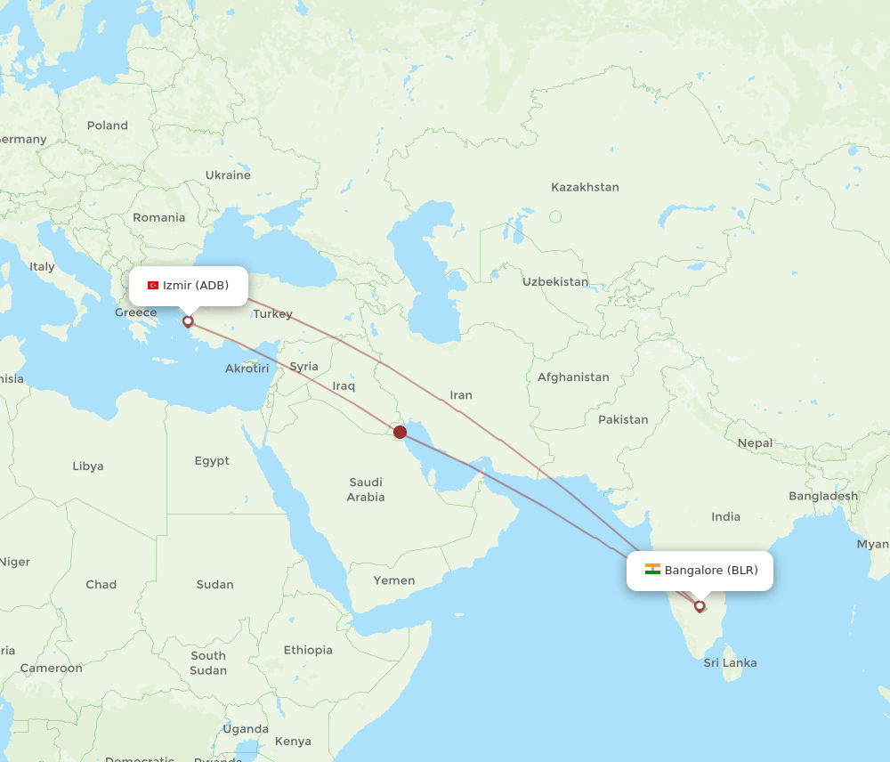 Izmir - Bengaluru route map and flight paths