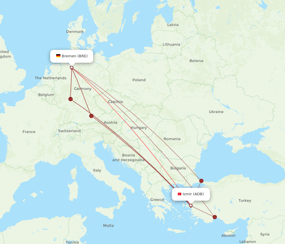 ADB to BRE flights and routes map