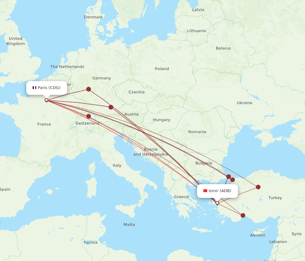 ADB to CDG flights and routes map