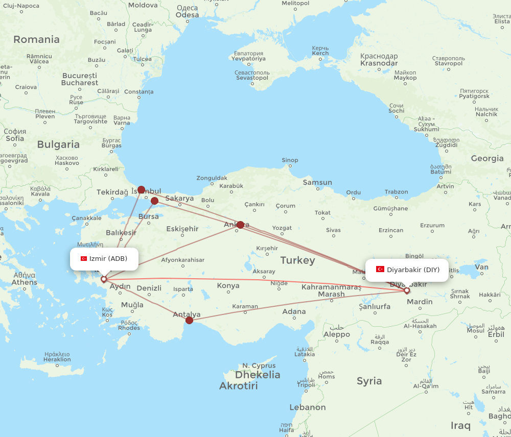 ADB to DIY flights and routes map
