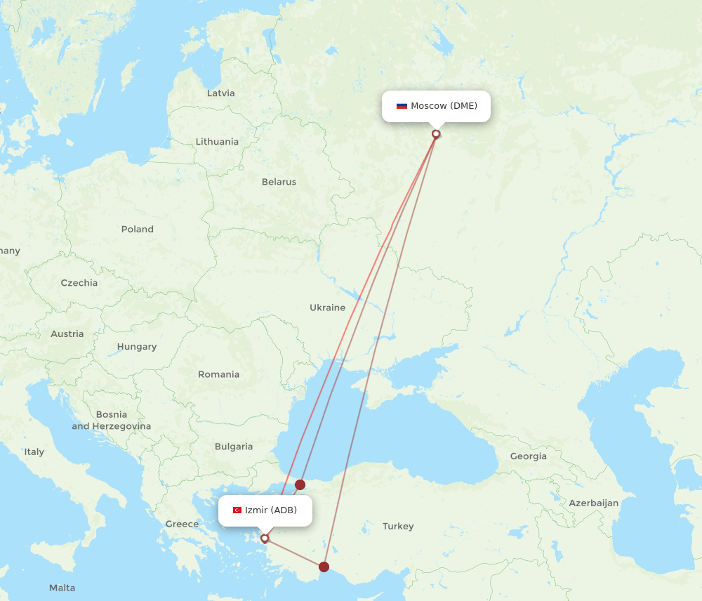 Izmir - Moscow route map and flight paths