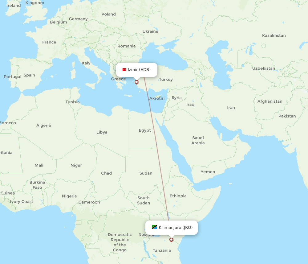 Kilimanjaro - Izmir route map and flight paths