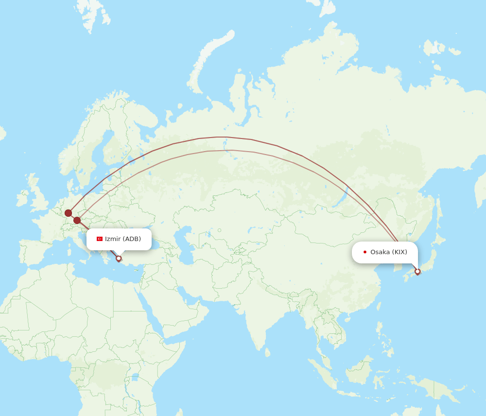 Osaka - Izmir route map and flight paths
