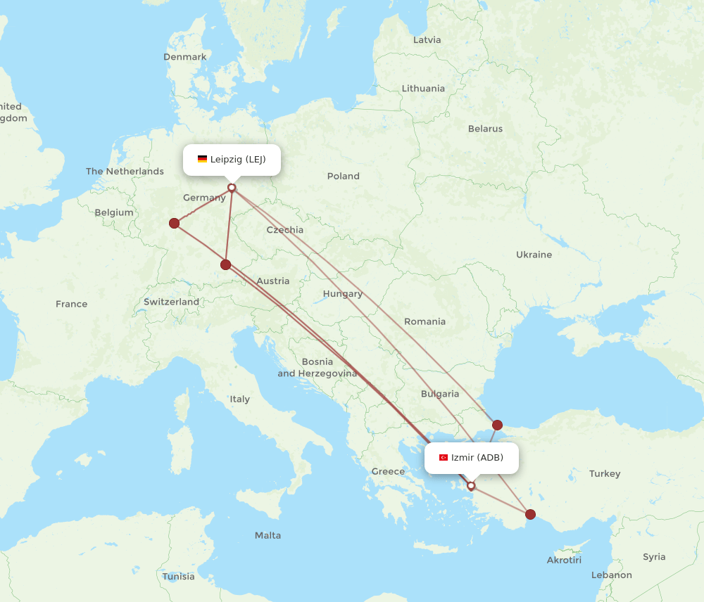 ADB to LEJ flights and routes map