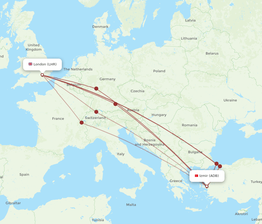 ADB to LHR flights and routes map