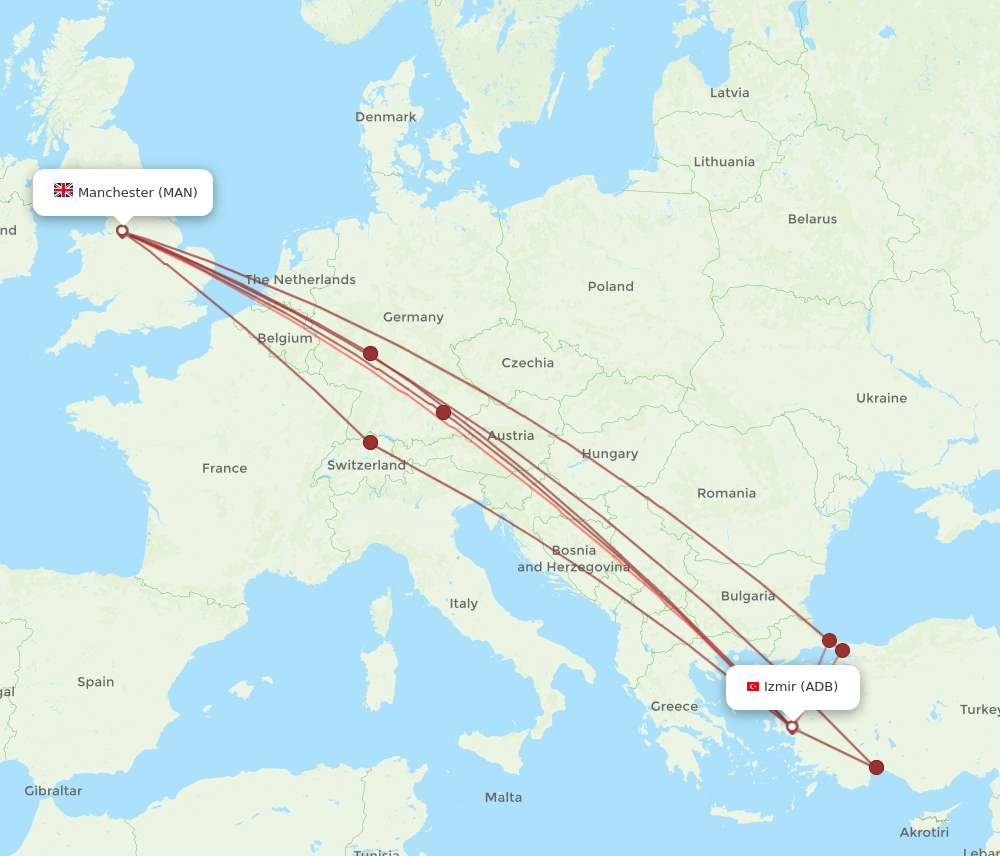 ADB to MAN flights and routes map