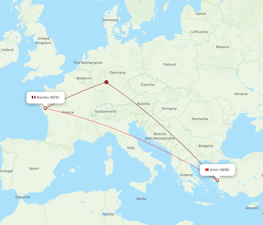 ADB to NTE flights and routes map