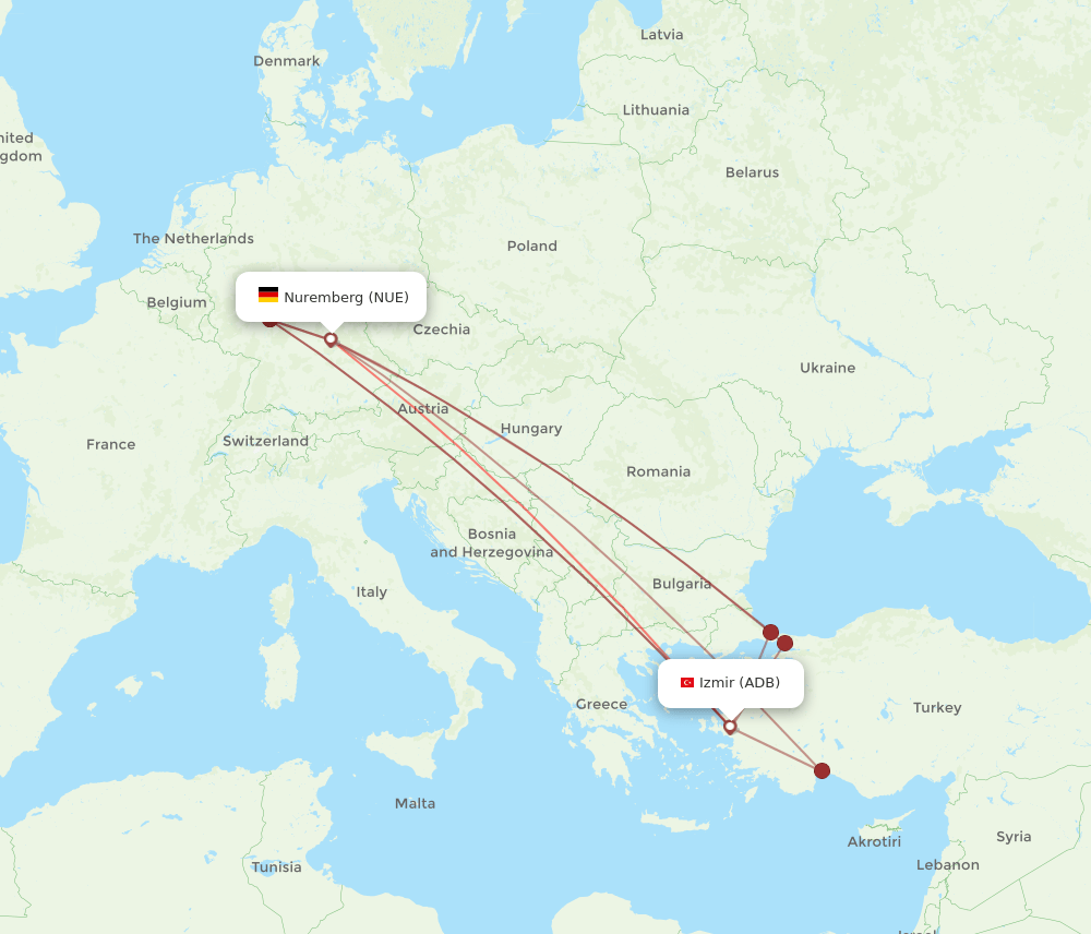 ADB to NUE flights and routes map