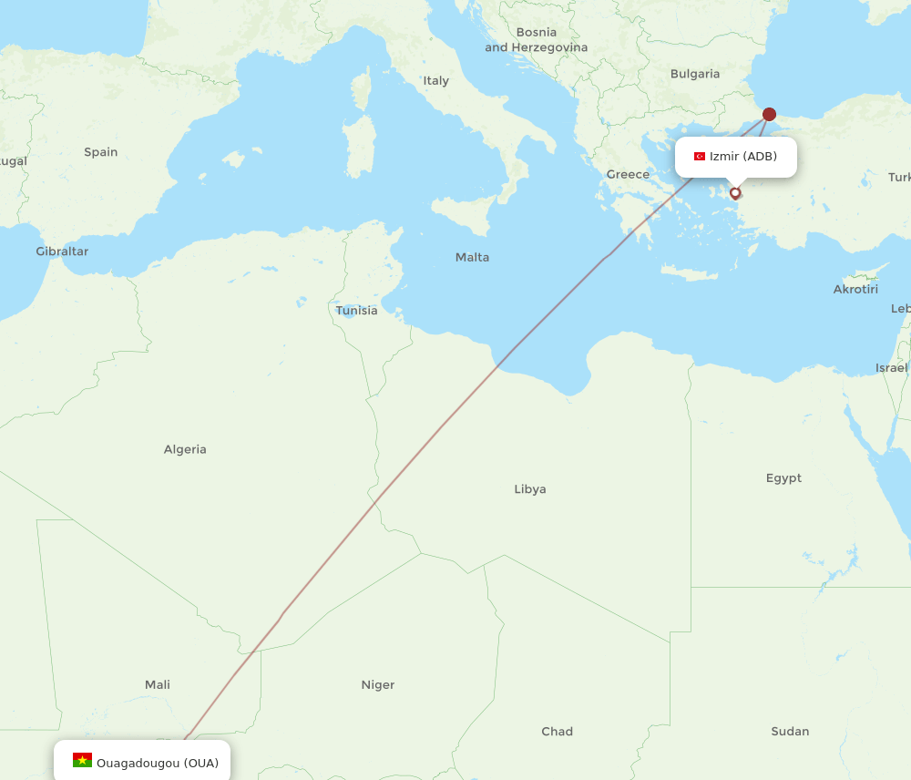 ADB to OUA flights and routes map