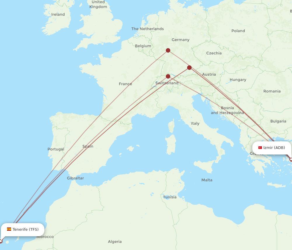 ADB to TFS flights and routes map
