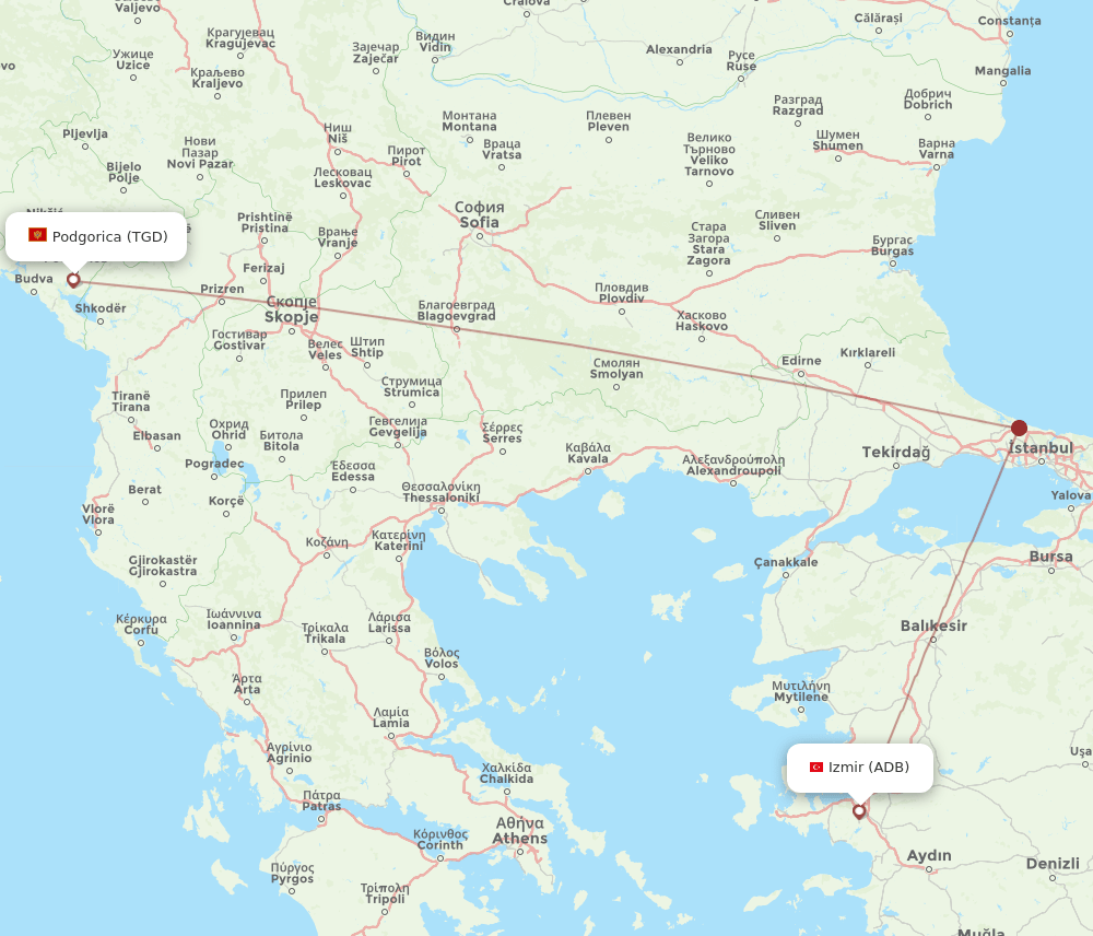 ADB to TGD flights and routes map