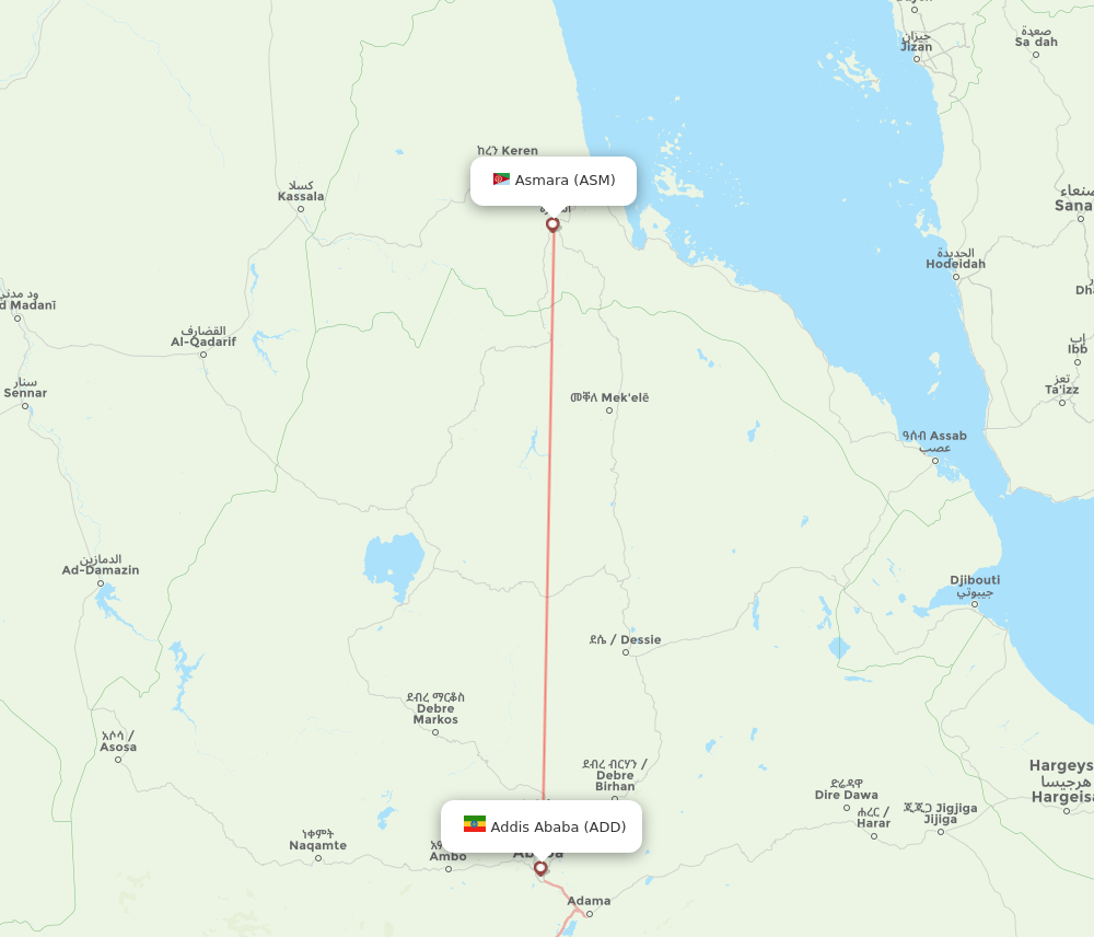 Addis Ababa - Asmara route map and flight paths