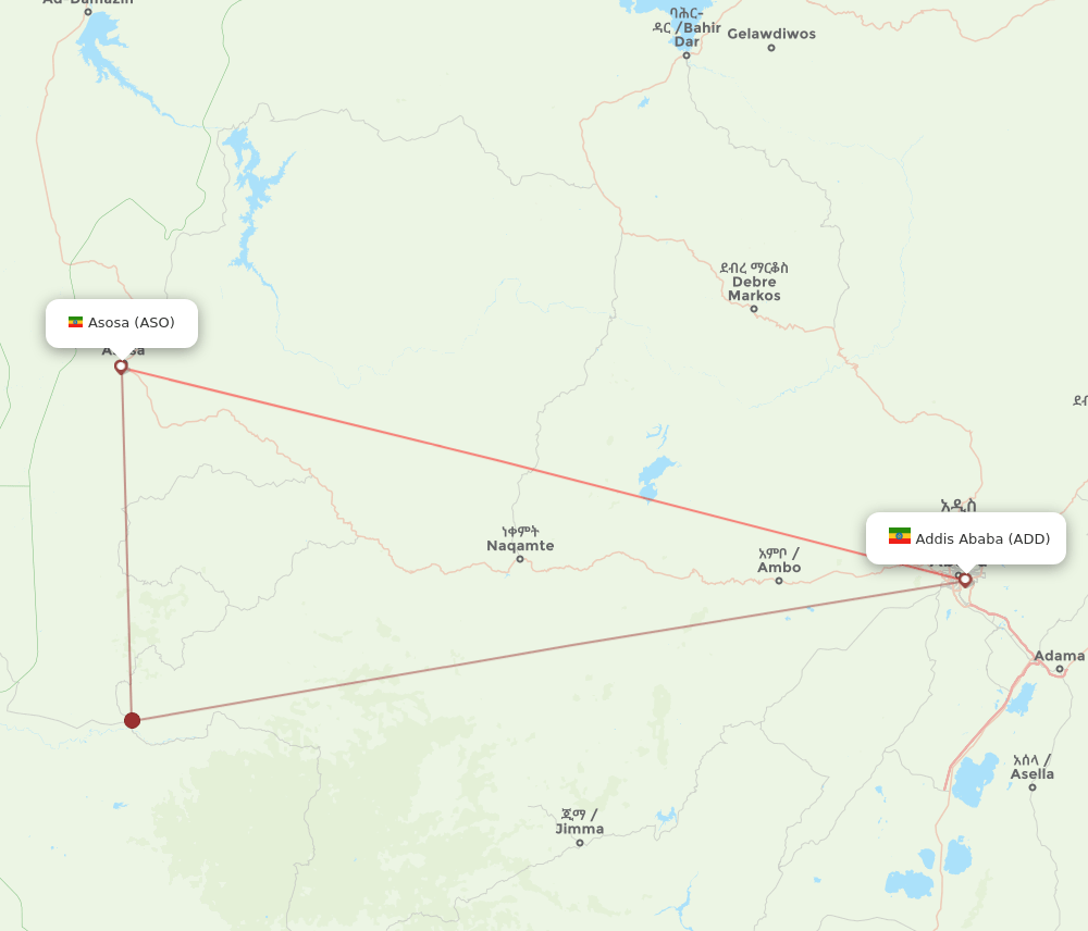 ASO to ADD flights and routes map