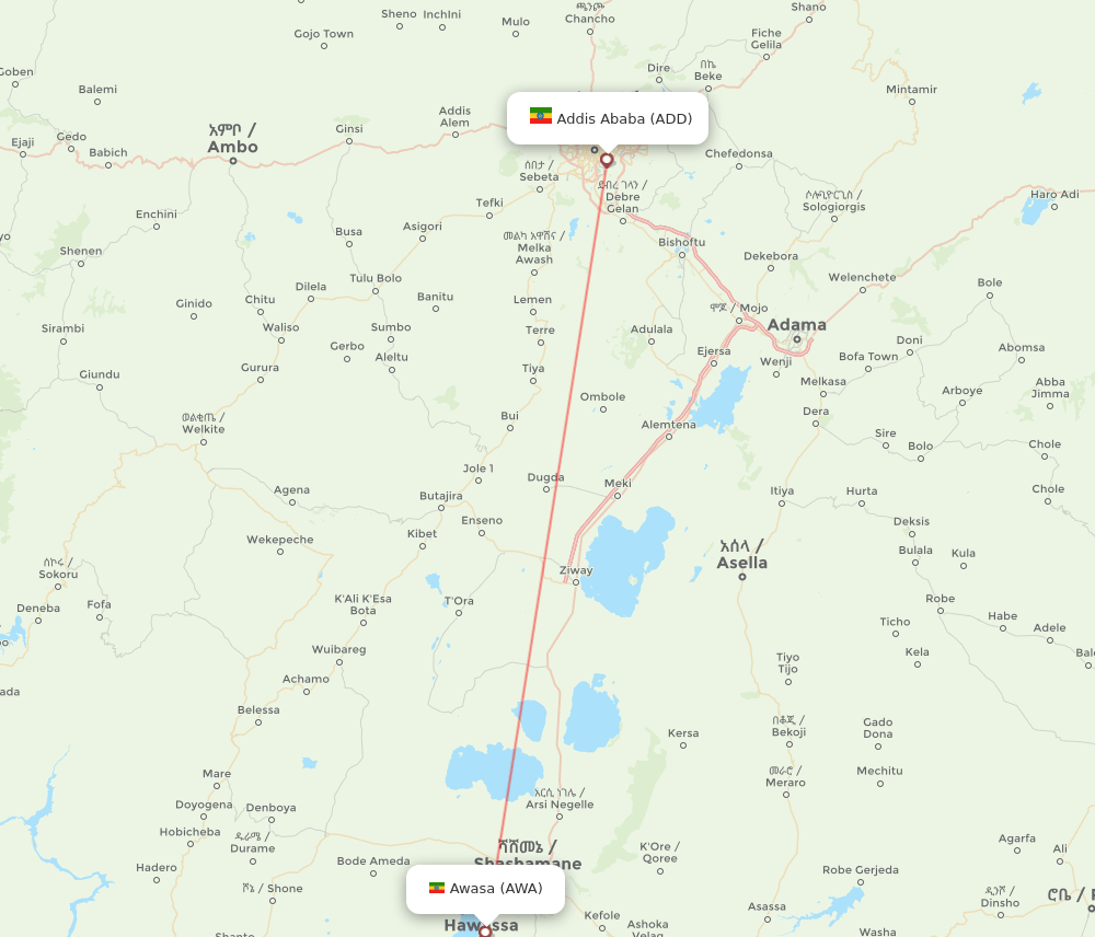 ADD to AWA flights and routes map