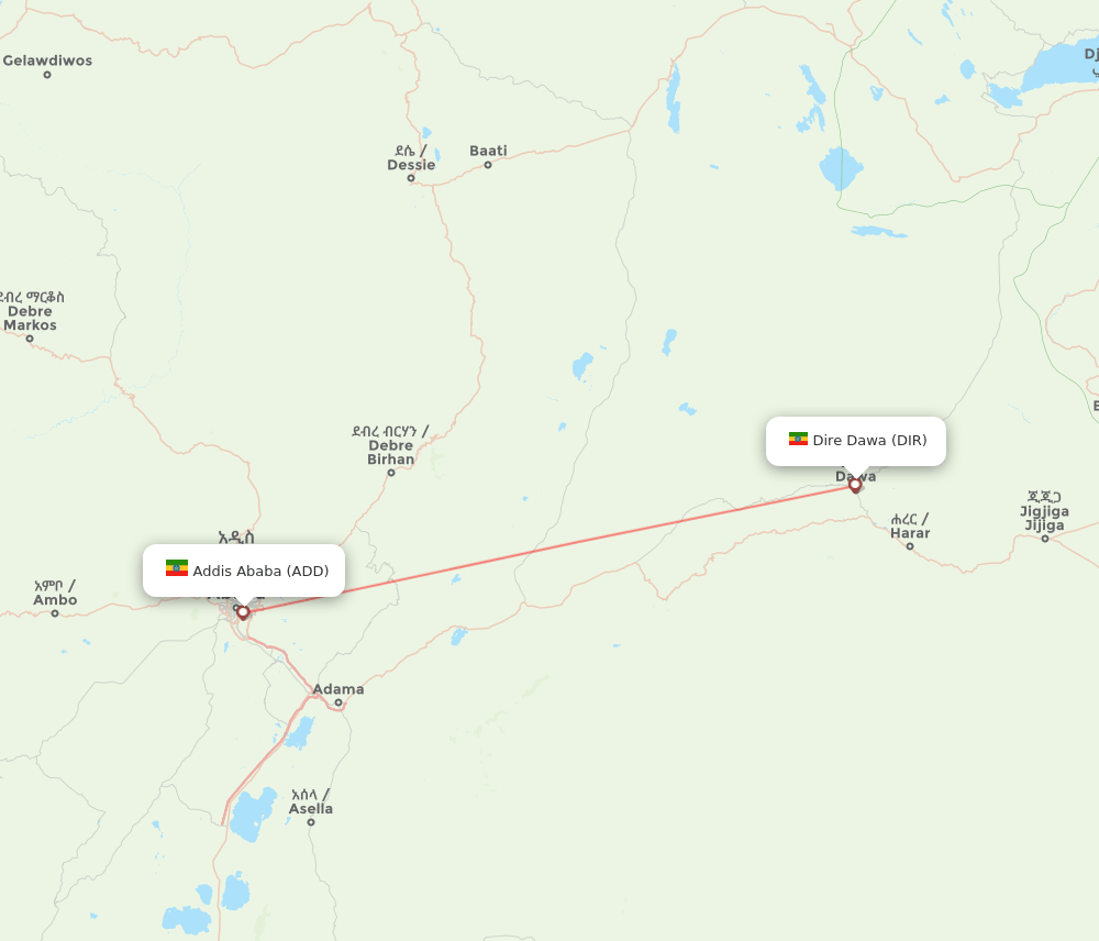 Addis Ababa - Dire Dawa route map and flight paths