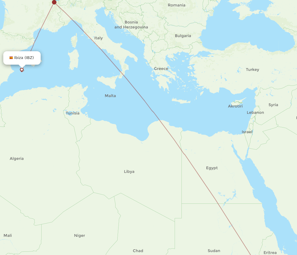 Ibiza - Addis Ababa route map and flight paths