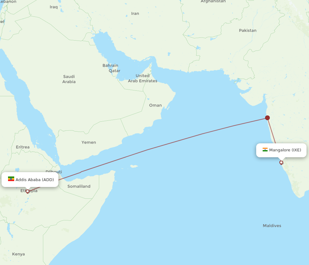Mangalore - Addis Ababa route map and flight paths