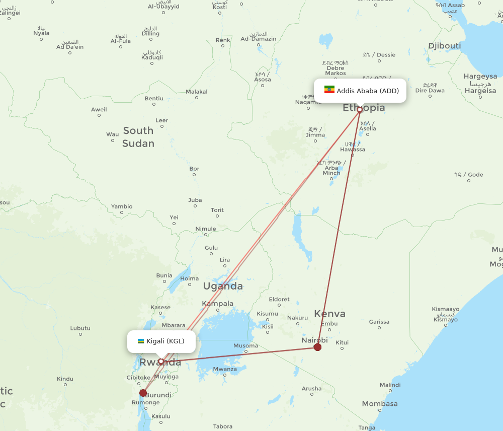 ADD to KGL flights and routes map