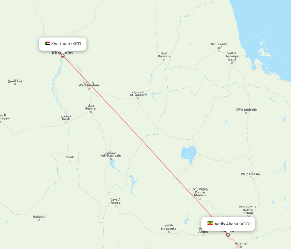 Addis Ababa - Khartoum route map and flight paths