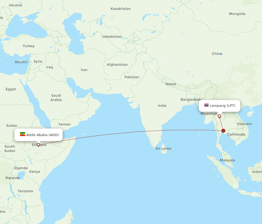 Lampang - Addis Ababa route map and flight paths