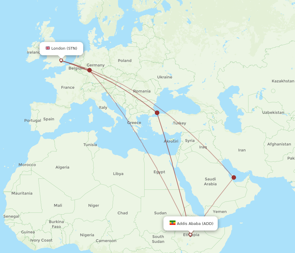 London - Addis Ababa route map and flight paths