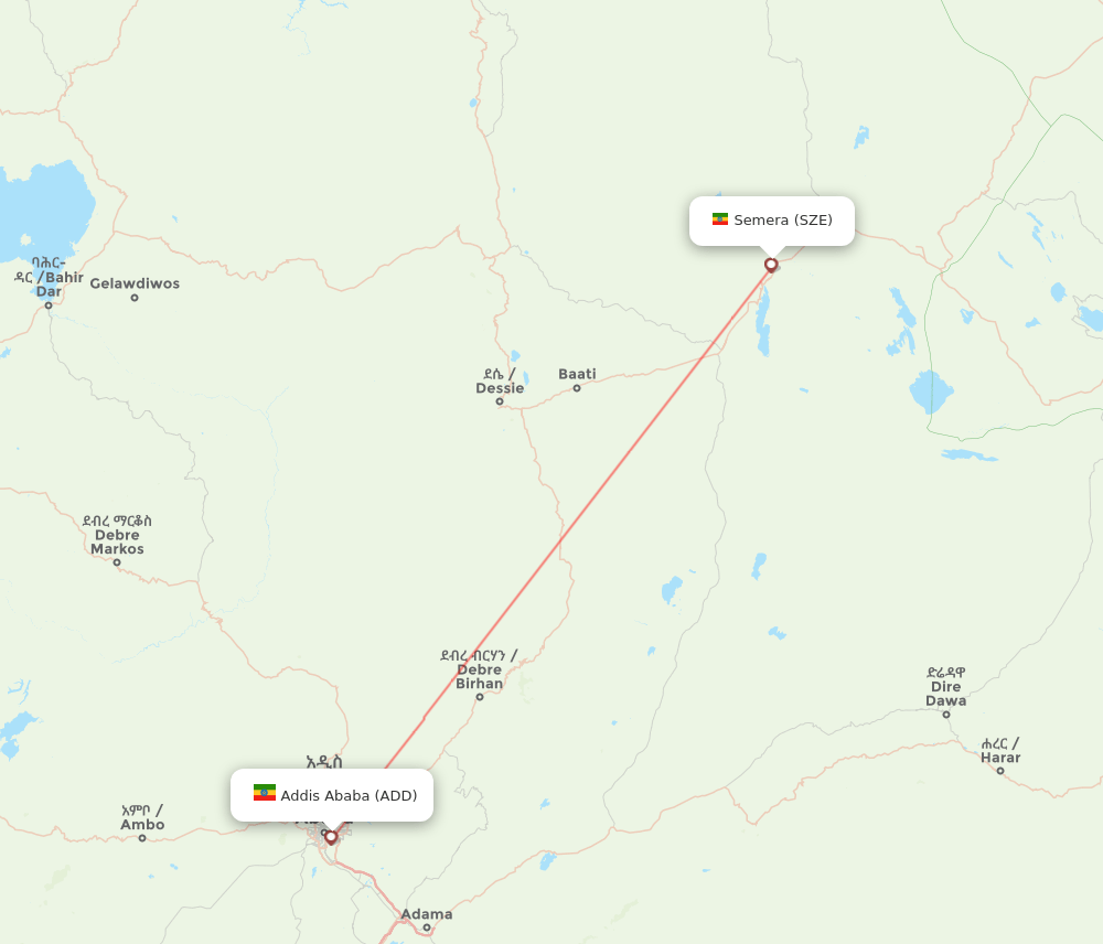 Addis Ababa - Semera route map and flight paths